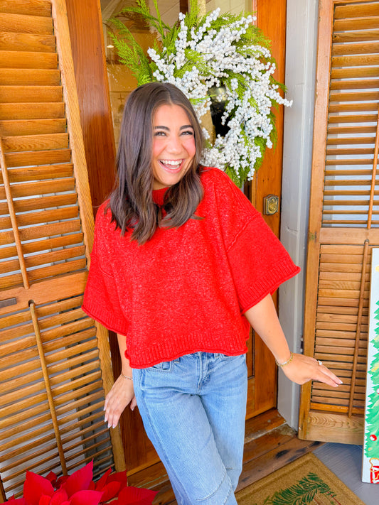 MOCK NECK SHORT SLEEVE SWEATER - RED