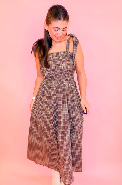 PLAID SMOCKED MIDI DRESS WITH SHOULDER TIE