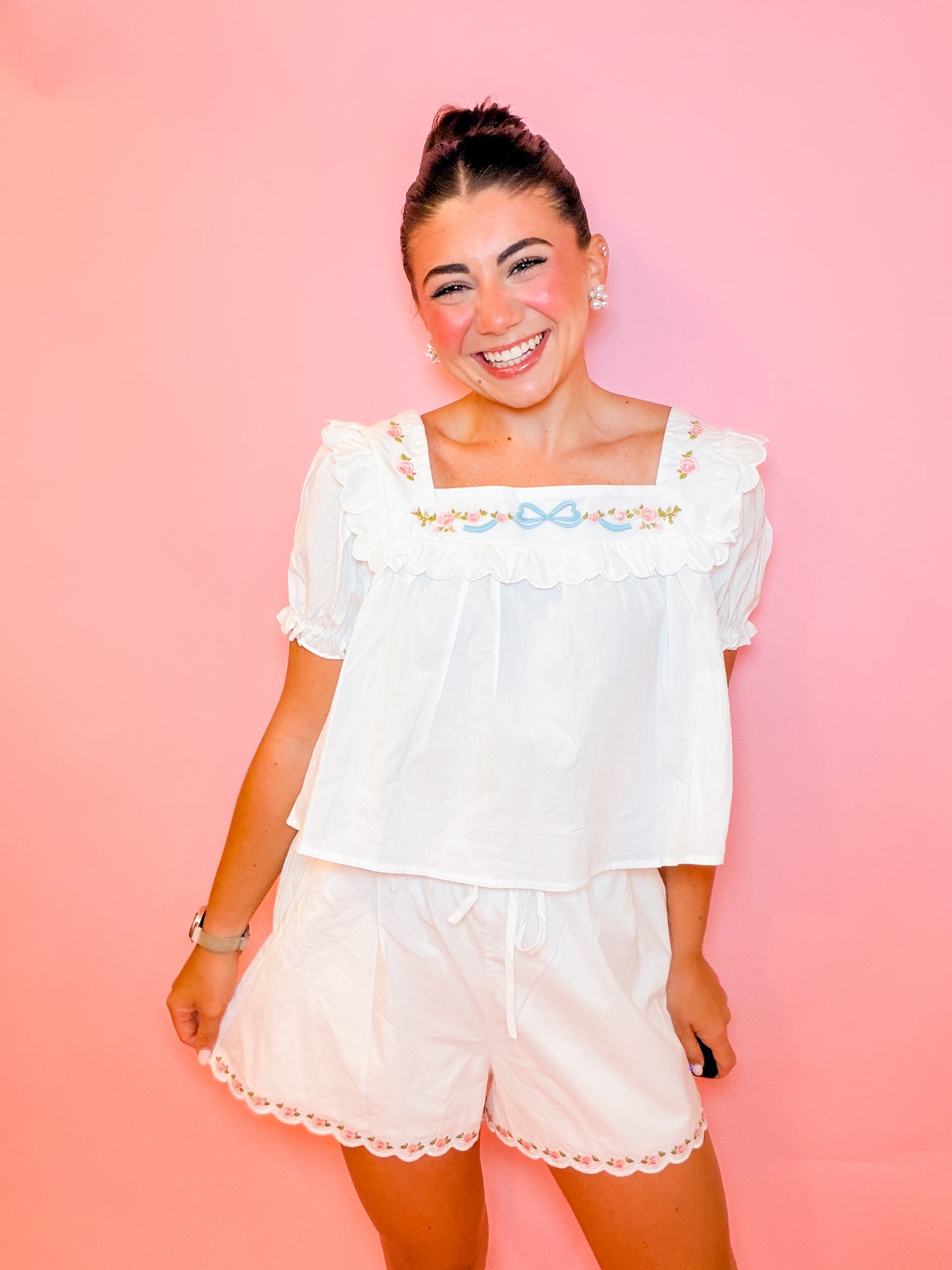EMBROIDERED SQUARE NECK TOP & SHORT SET - WHITE