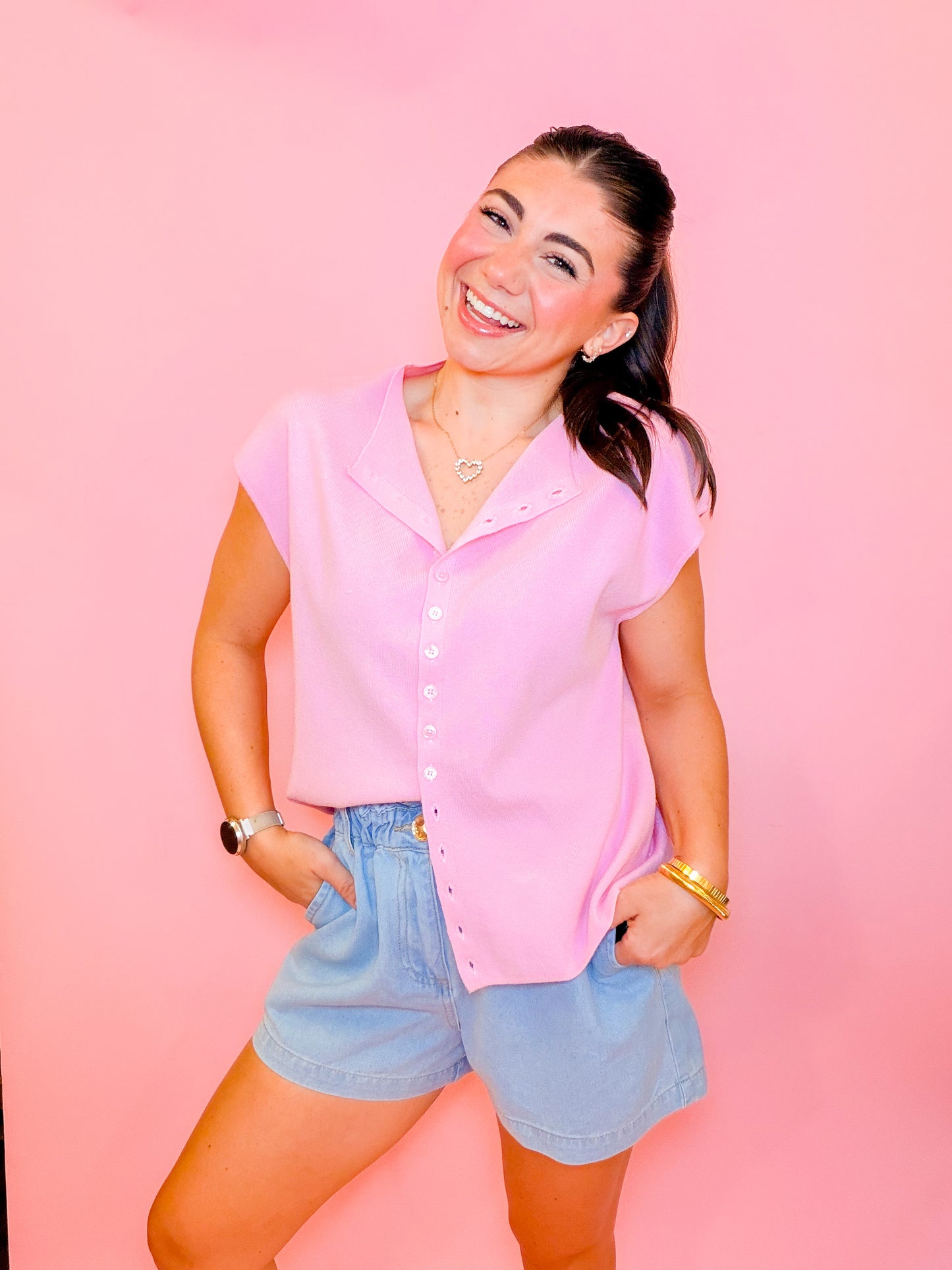 CAP SLEEVE LIGHTWEIGHT SWEATER - LIGHT PINK