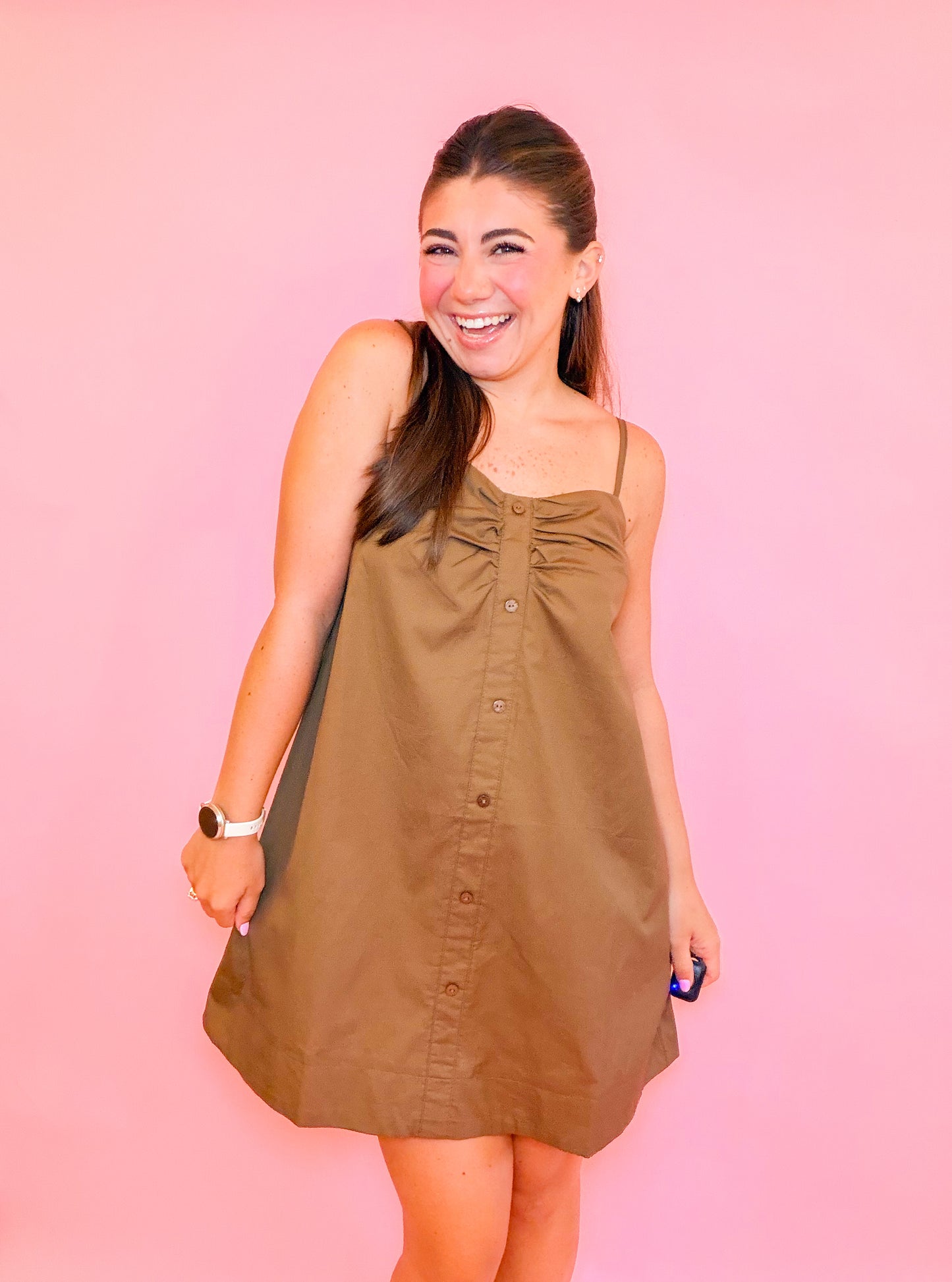 POPLIN RUCHED FAUX BUTTON CAMI MINI DRESS - BROWN