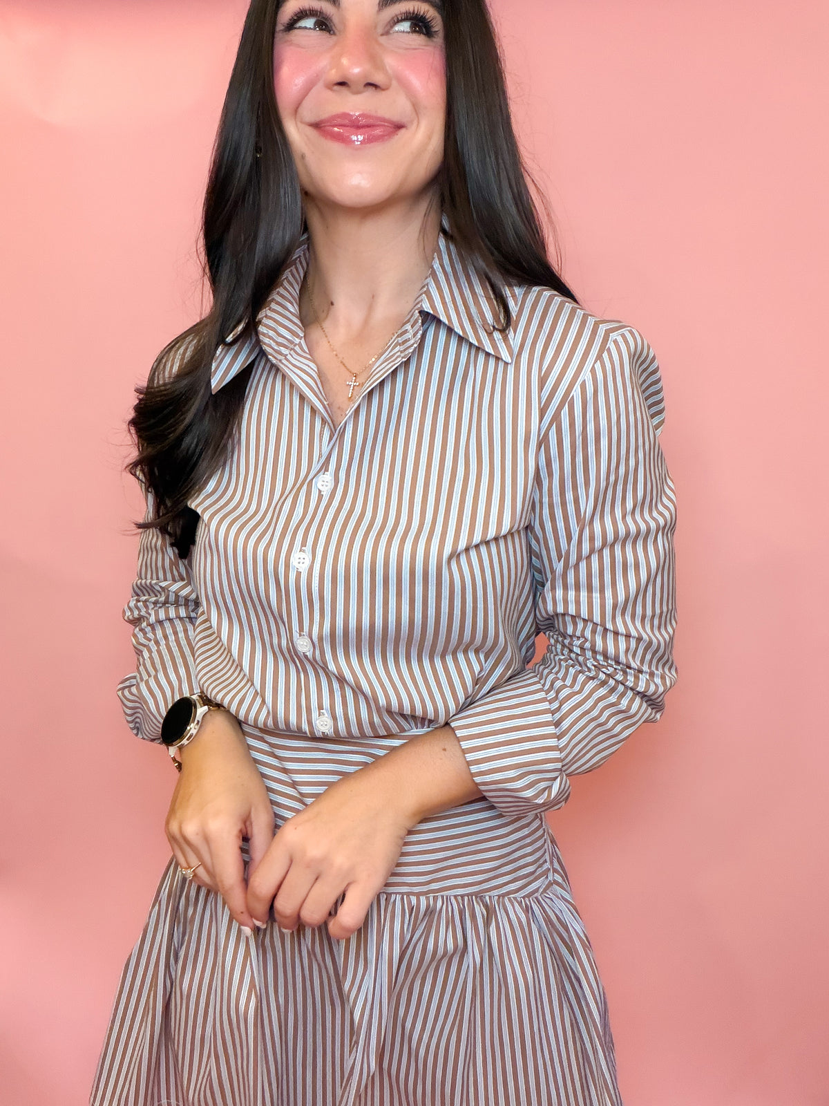 STRIPED DROP WAIST POPLIN DRESS
