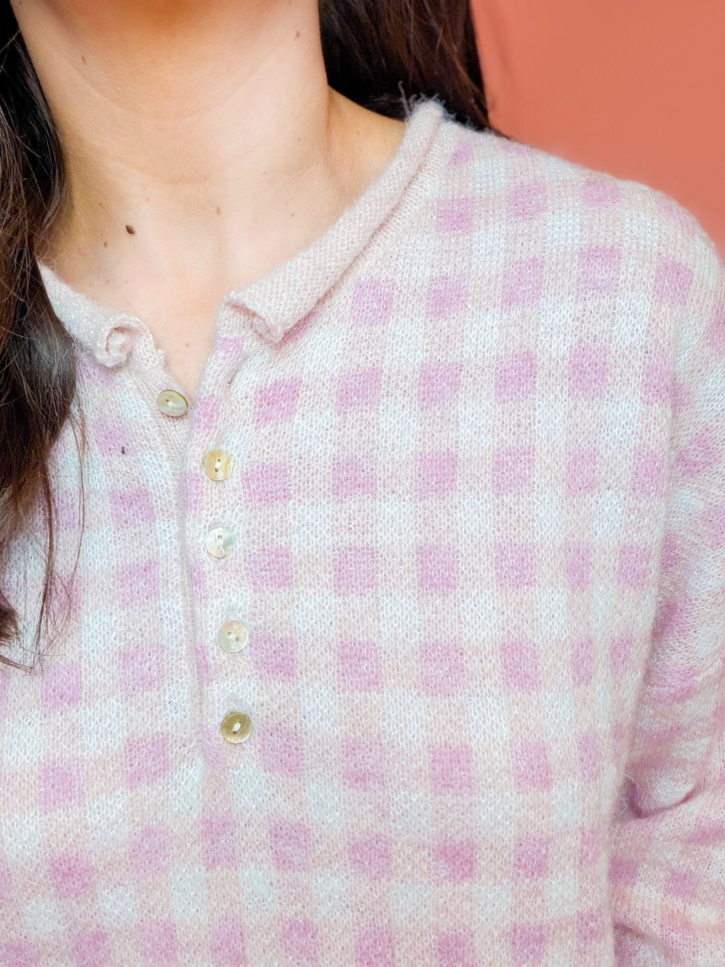 LONG SLEEVE ROLLED HEMLINE CHECK HALF BUTTON SWEATER