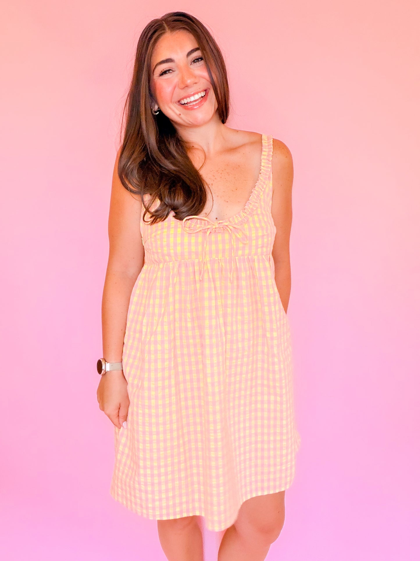 GINGHAM BABYDOLL TIE DRESS - PINK/YELLOW