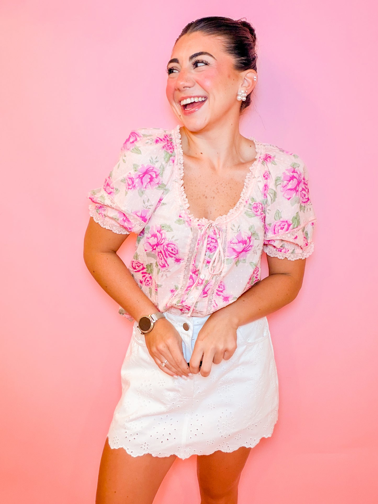 PINK FLORAL LACE TOP