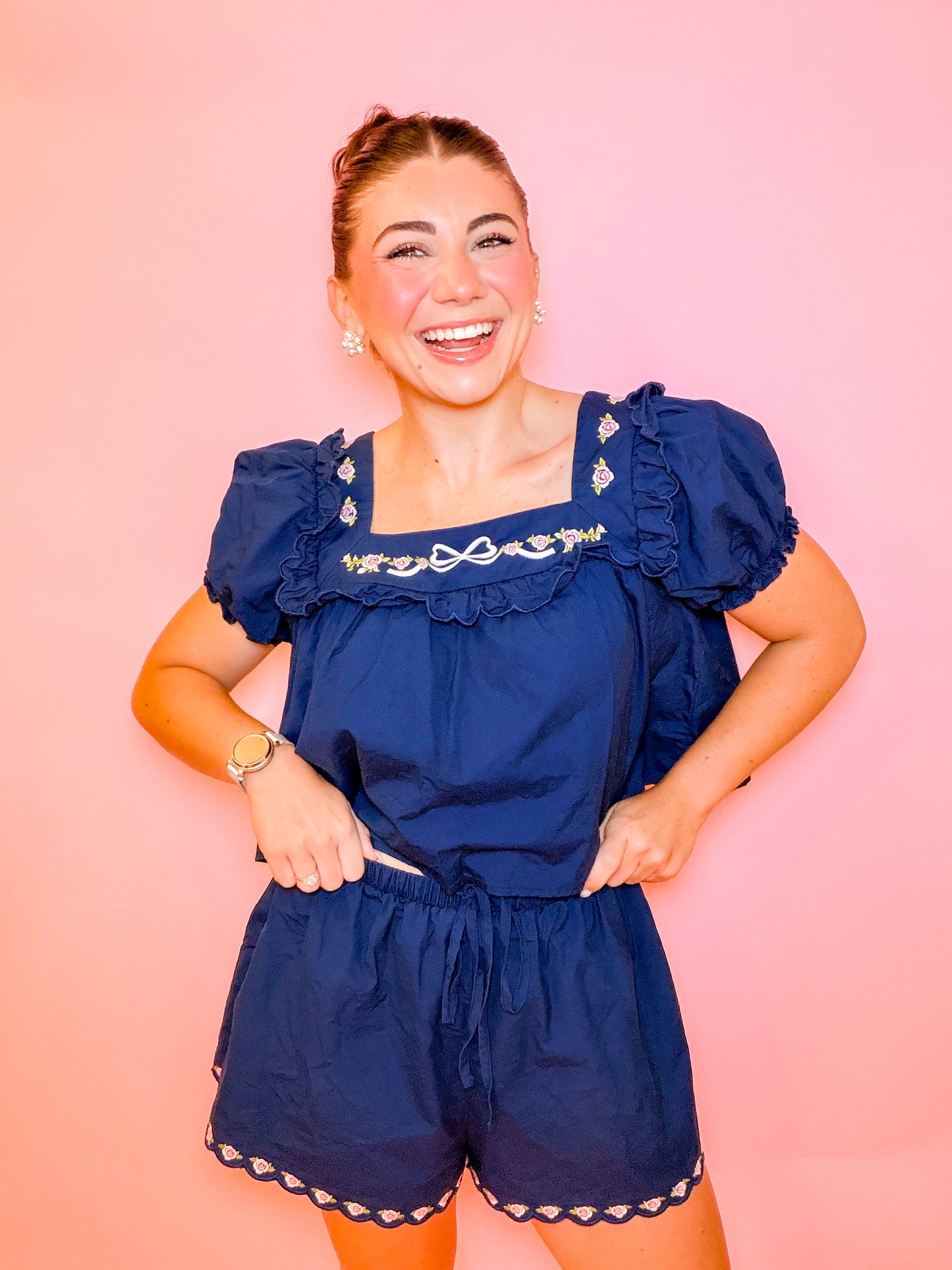 EMBROIDERED SQUARE NECK TOP & SHORT SET - NAVY