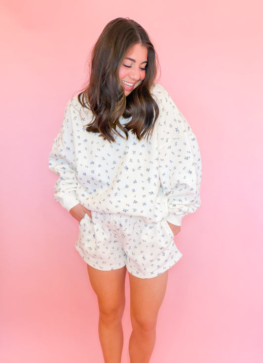 FLORAL SWEATSHIRT & SHORT SET - BLUE