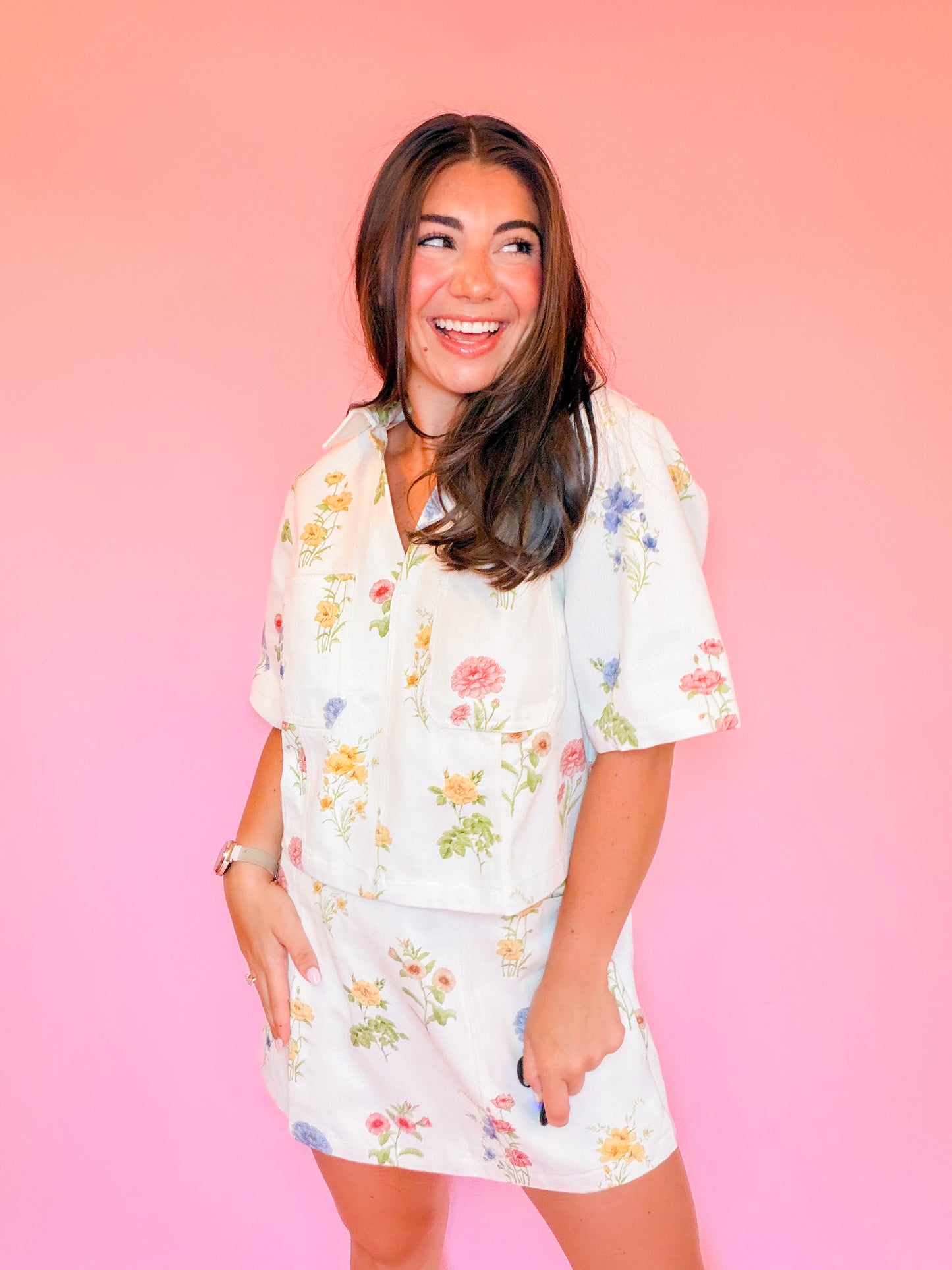 FLORAL DENIM COLLARED TOP