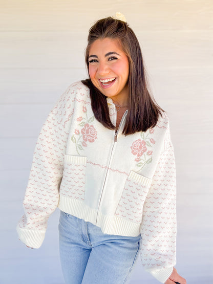 ROSE JACQUARD KNIT ZIP UP JACKET - PINK