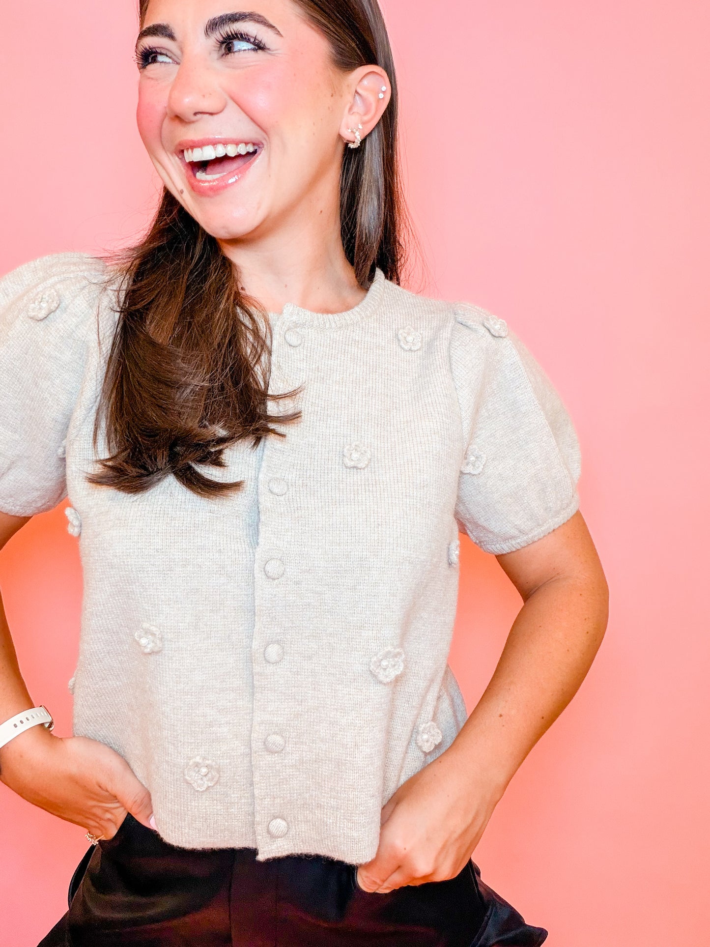 3D FLORAL PUFF SLEEVE KNIT TOP - TAUPE