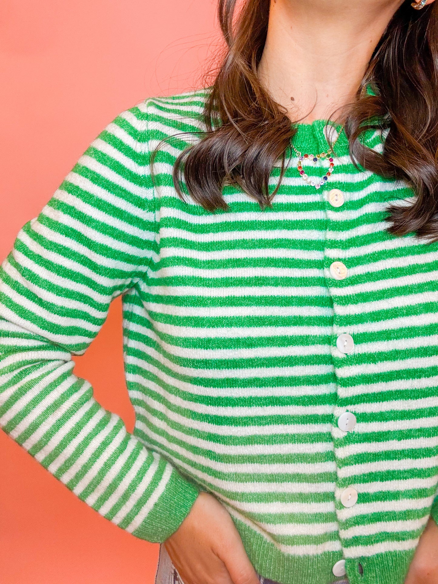 STRIPED SWEATER CARDIGAN - KELLY GREEN