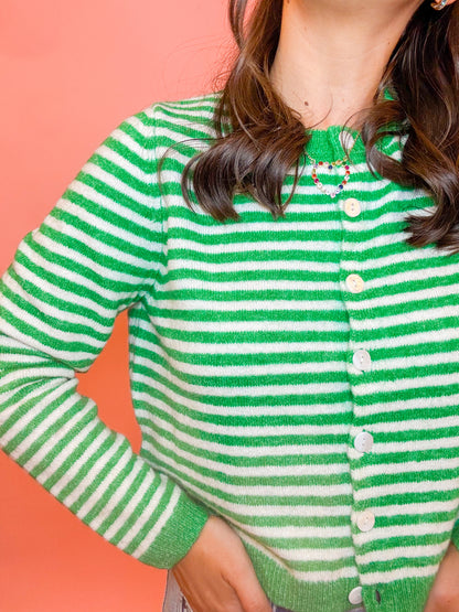 STRIPED SWEATER CARDIGAN - KELLY GREEN