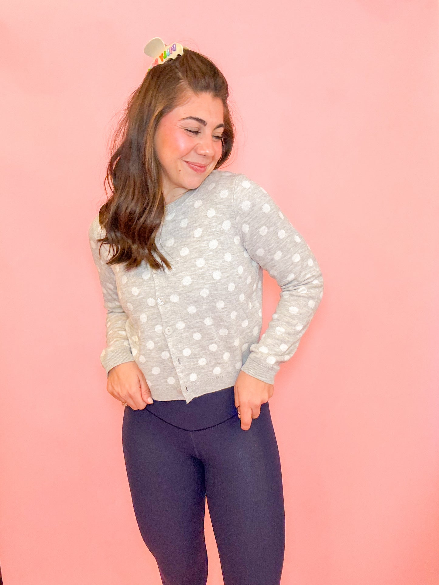 POLKA DOT SWEATER CARDIGAN - HEATHER GREY