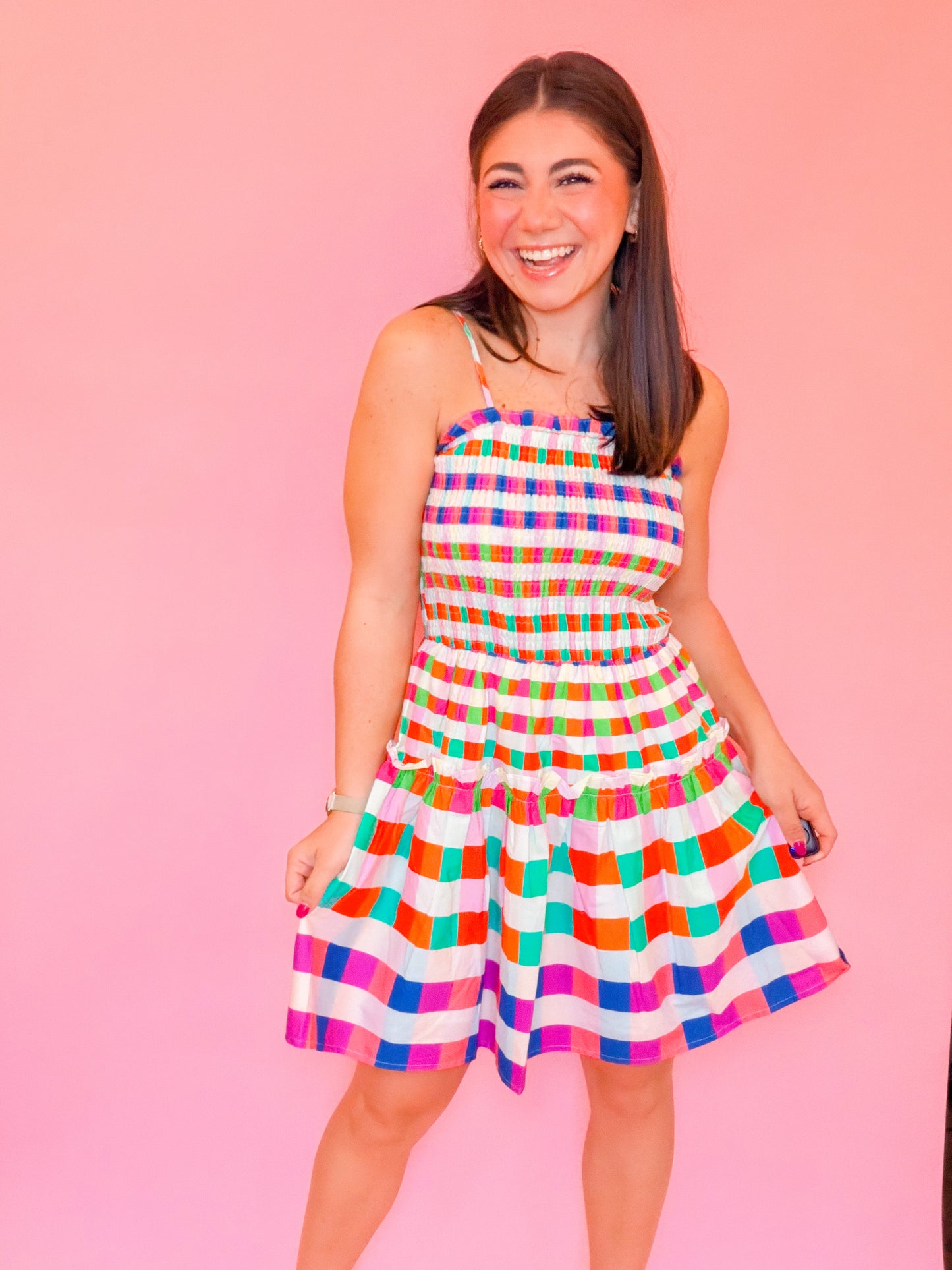 MULTI GINGHAM SMOCKED MINI DRESS