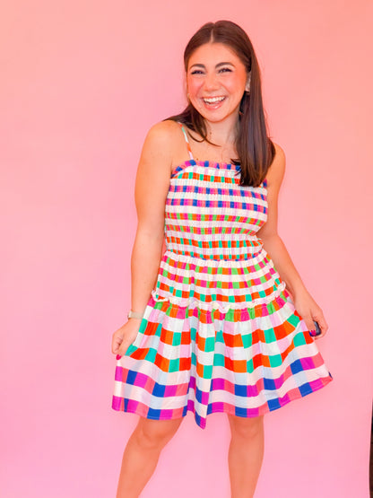 MULTI GINGHAM SMOCKED MINI DRESS