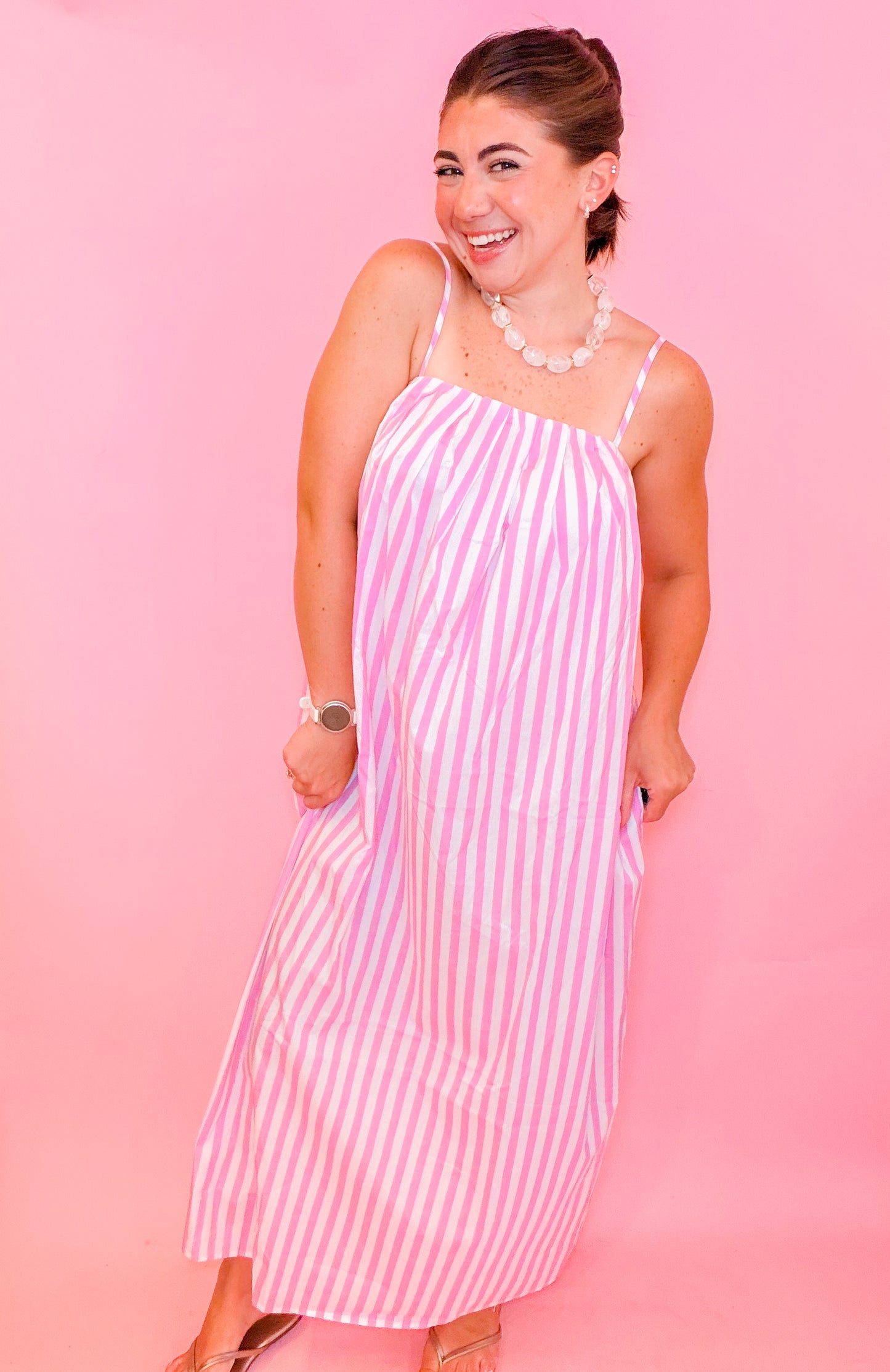 STRIPED MIDI DRESS - PINK/WHITE