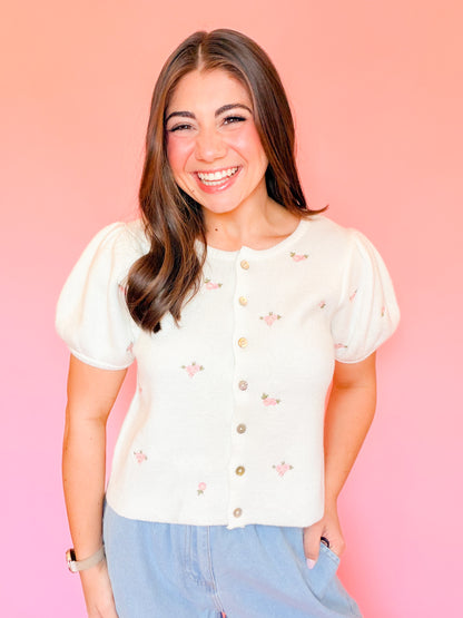 FLORAL EMBROIDERY PUFF SLV KNIT TOP - CREAM