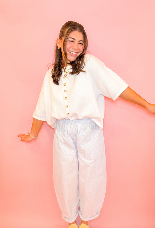 STRIPED OXFORD WIDE POCKET BARREL PANTS