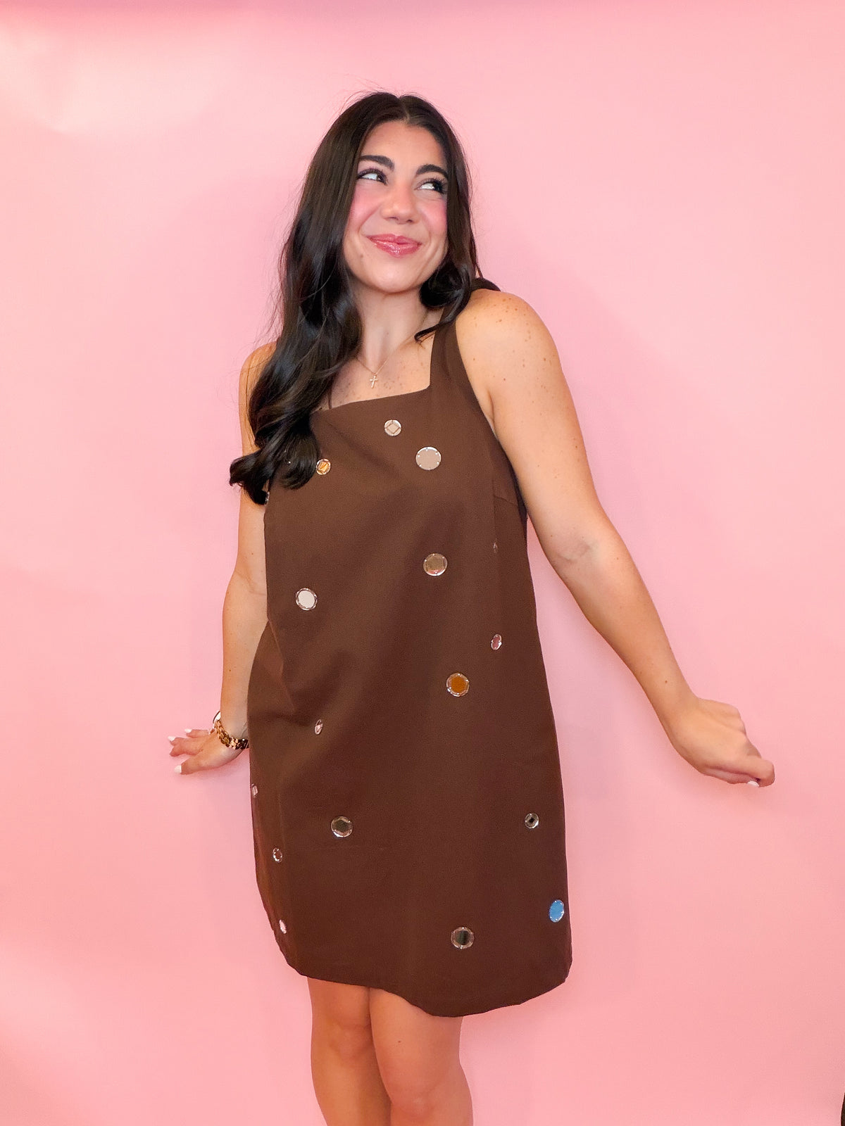 MIRROR EMBELLISHED A-LINE MINI DRESS - CHOCOLATE