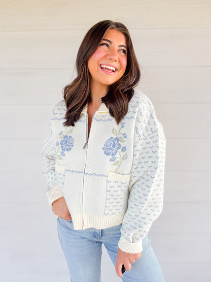 ROSE JACQUARD KNIT ZIP UP JACKET - BLUE