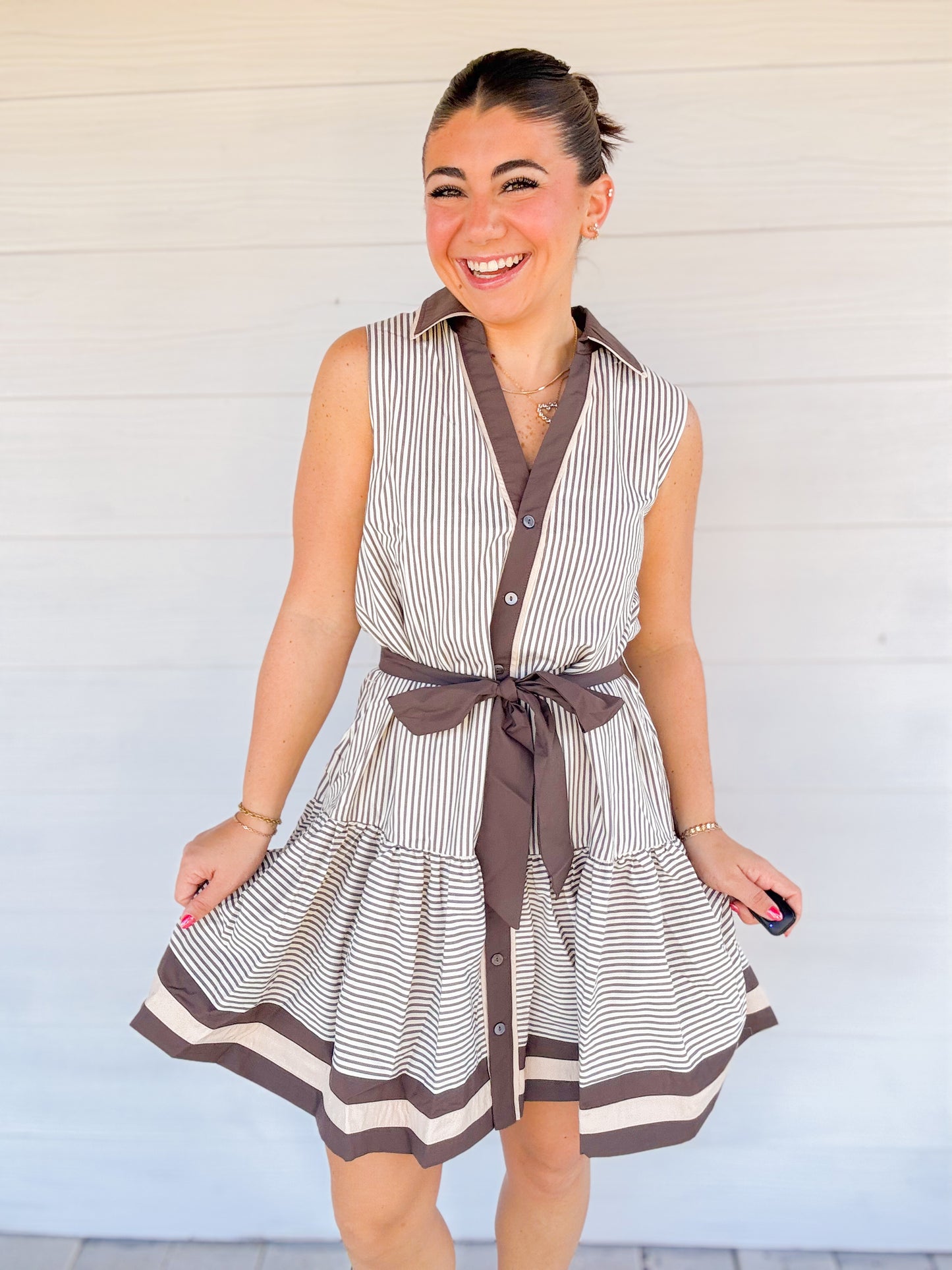 STRIPED RUFFLE HEM SLEEVELESS MINI DRESS