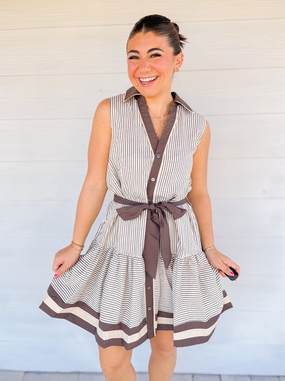 STRIPED RUFFLE HEM SLEEVELESS MINI DRESS