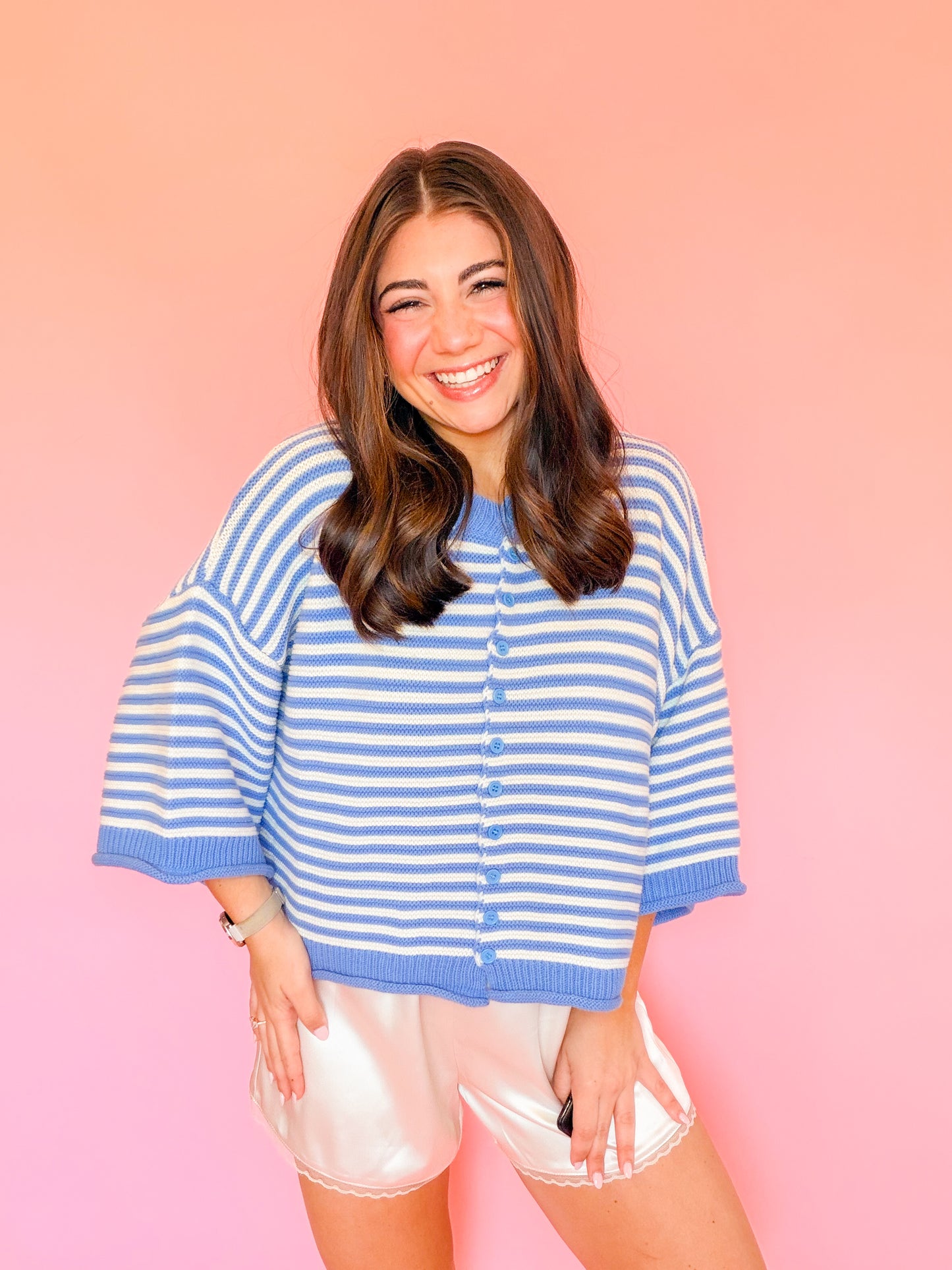 STRIPE BUTTON UP HALF SLEEVE CARDIGAN - BLUE