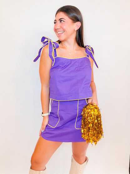 CONTRAST PIPING TOP + HIGH WAIST MINI SKIRT SET