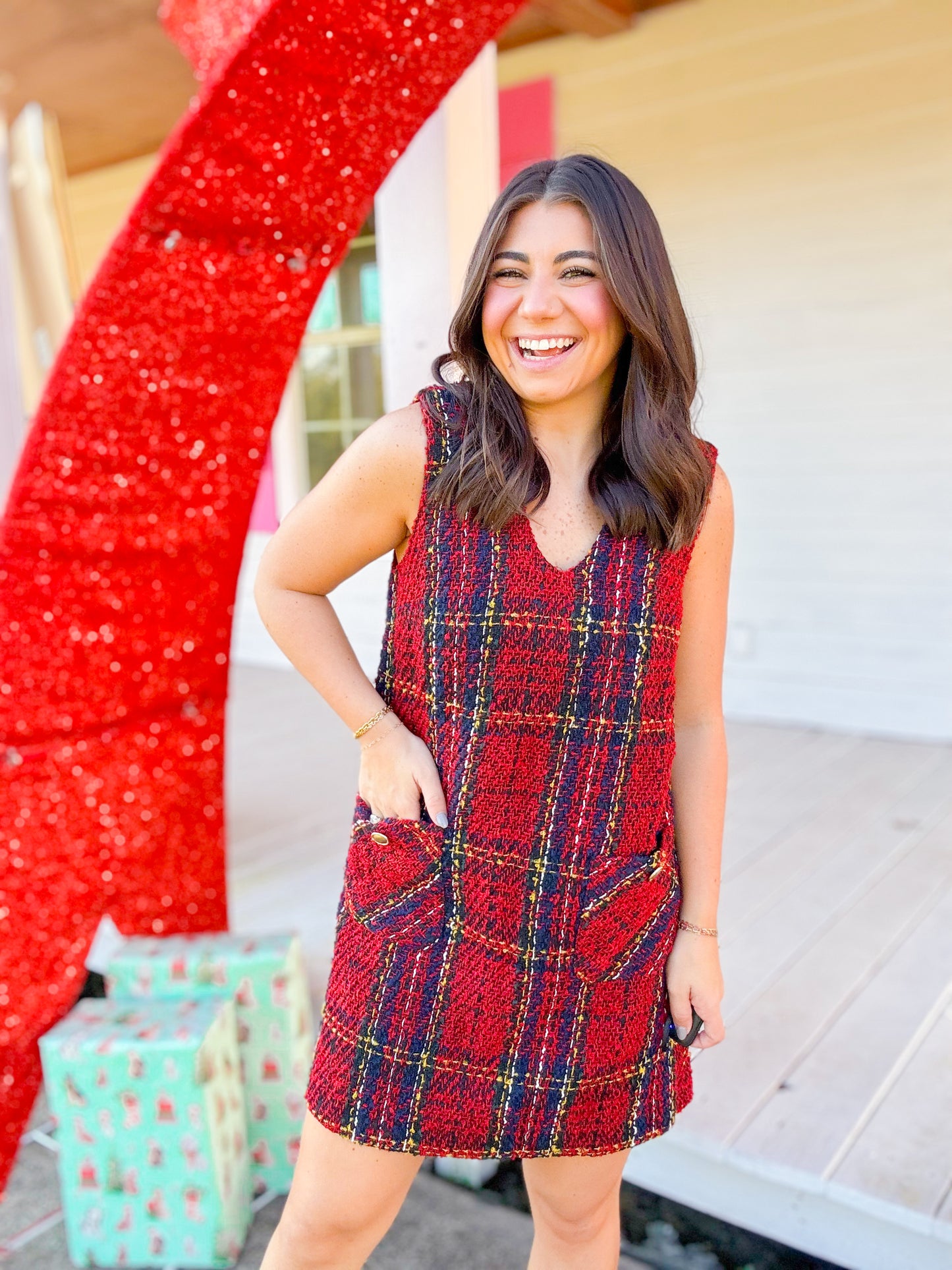 CHECKERED TWEED V NECK MINI DRESS