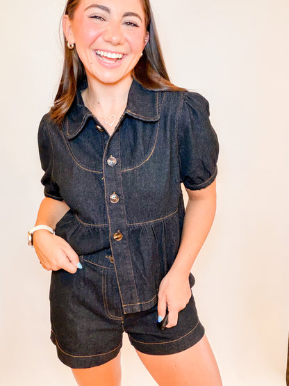 PETER PAN PUFF SLV TOP + DENIM SHORTS SET