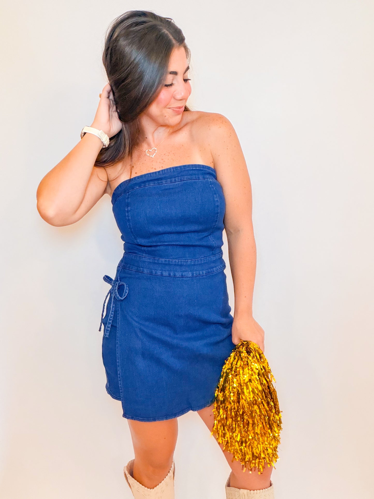 STRAPLESS DENIM WRAP SKORT ROMPER