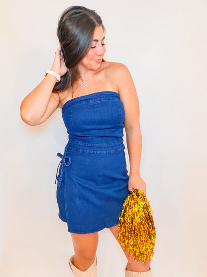 STRAPLESS DENIM WRAP SKORT ROMPER