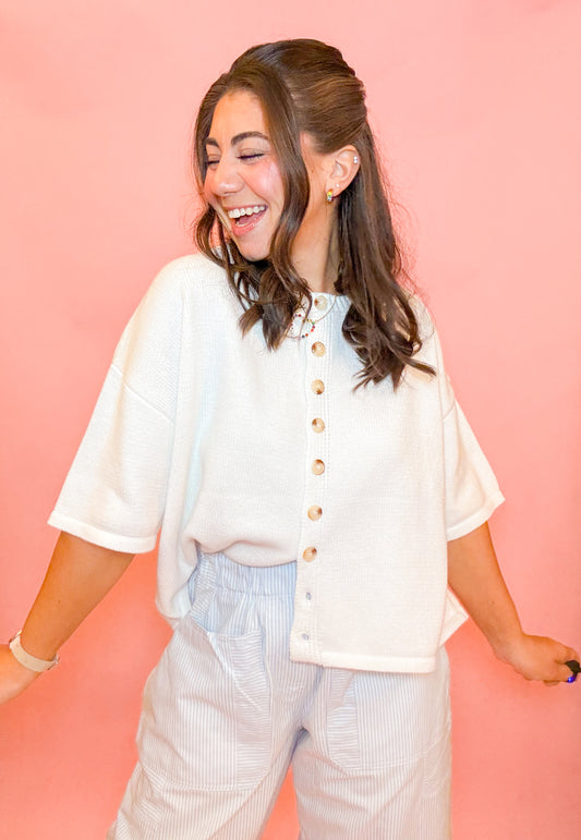 BUTTON UP SWEATER KNIT TOP - WHITE