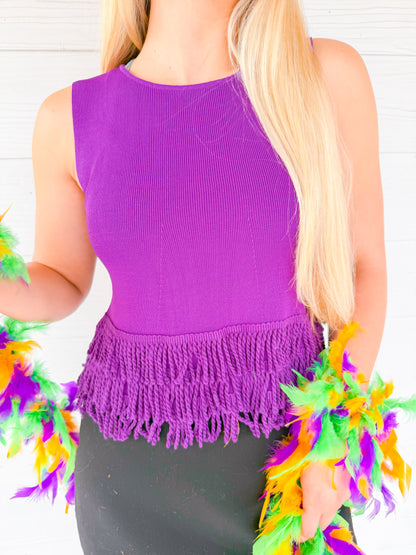 SLEEVELESS WOVEN CROP TOP WITH FRINGE HEM