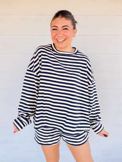 STRIPED RELAXED FIT SWEATSHIRT & SHORTS SET - NAVY