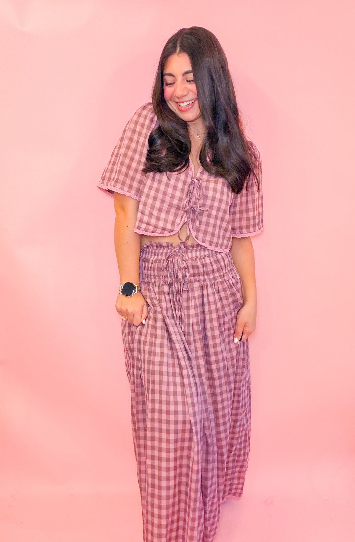 FRONT TIE TOP + MIDI SKIRT SET - MAUVE GING.