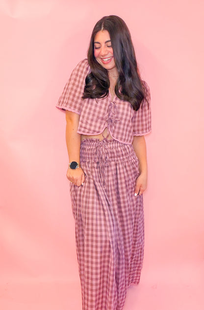 FRONT TIE TOP + MIDI SKIRT SET - MAUVE GING.