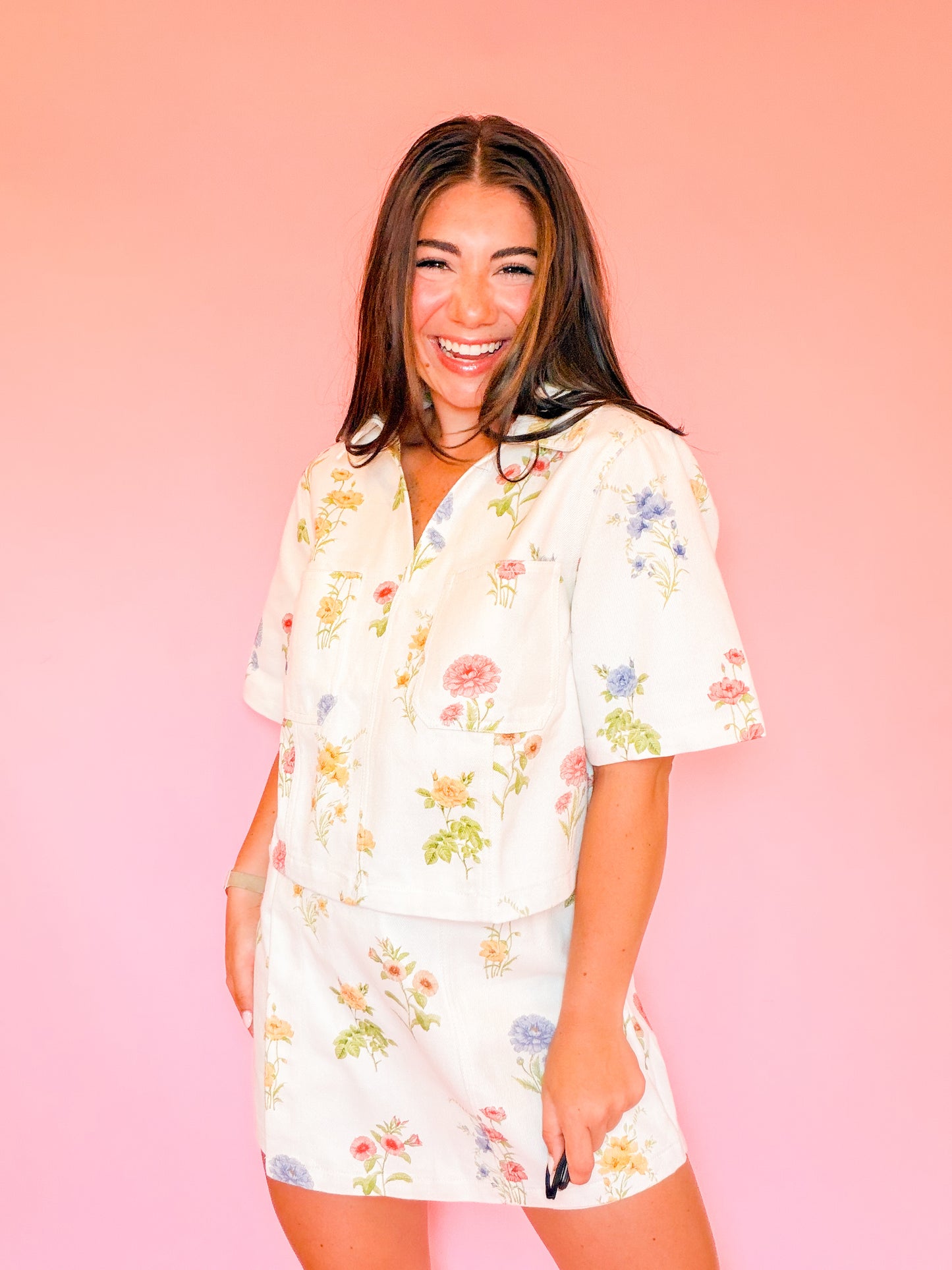 FLORAL DENIM COLLARED TOP