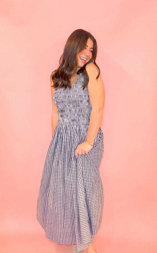 GINGHAM SMOCKED MIDI DRESS