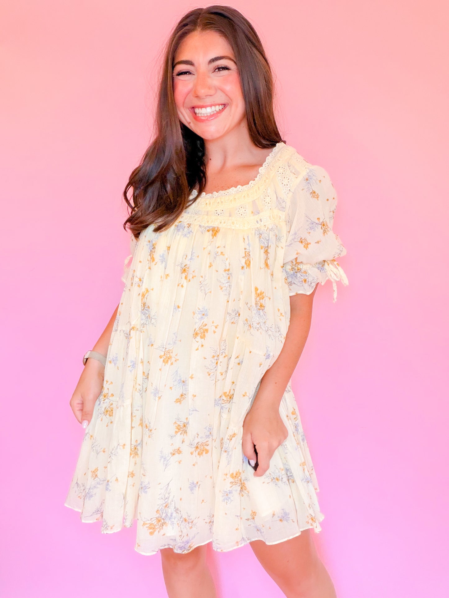 CROCHET FLORAL TIERED DRESS - BUTTER