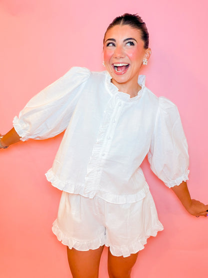 RUFFLE LINEN SHIRT + SHORTS SET