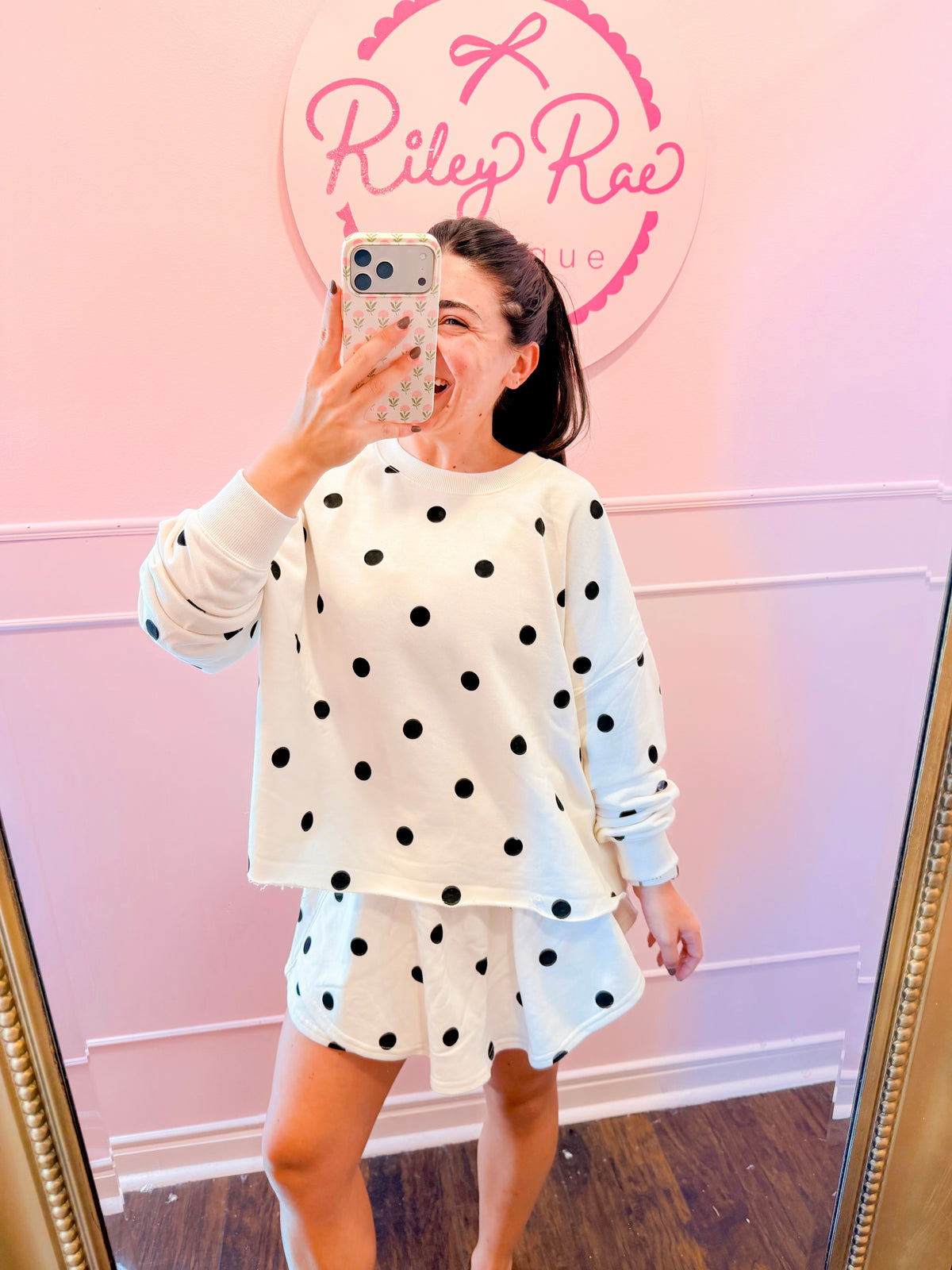 IVORY POLKA DOT LONG SLV + SKORT SET