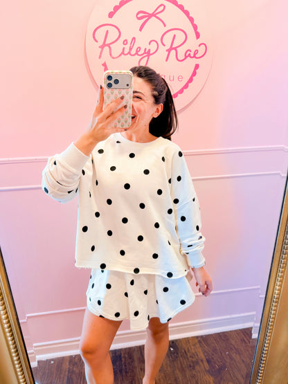 IVORY POLKA DOT LONG SLV + SKORT SET