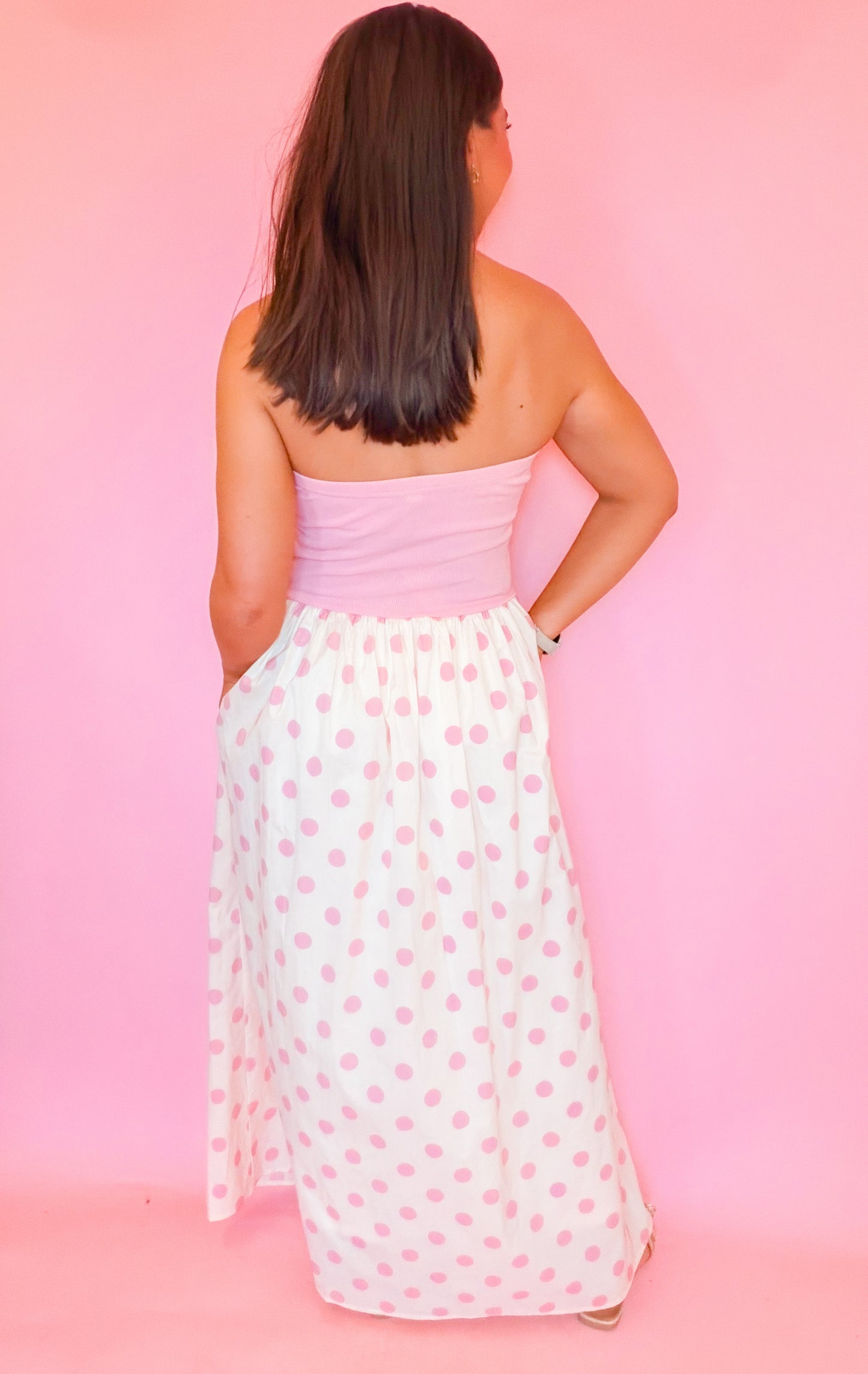 STRAPLESS KNIT & WOVEN POLKA DOT TUBE MIDI DRESS