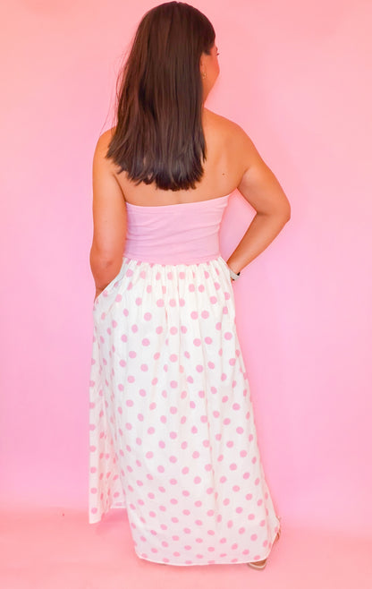 STRAPLESS KNIT & WOVEN POLKA DOT TUBE MIDI DRESS