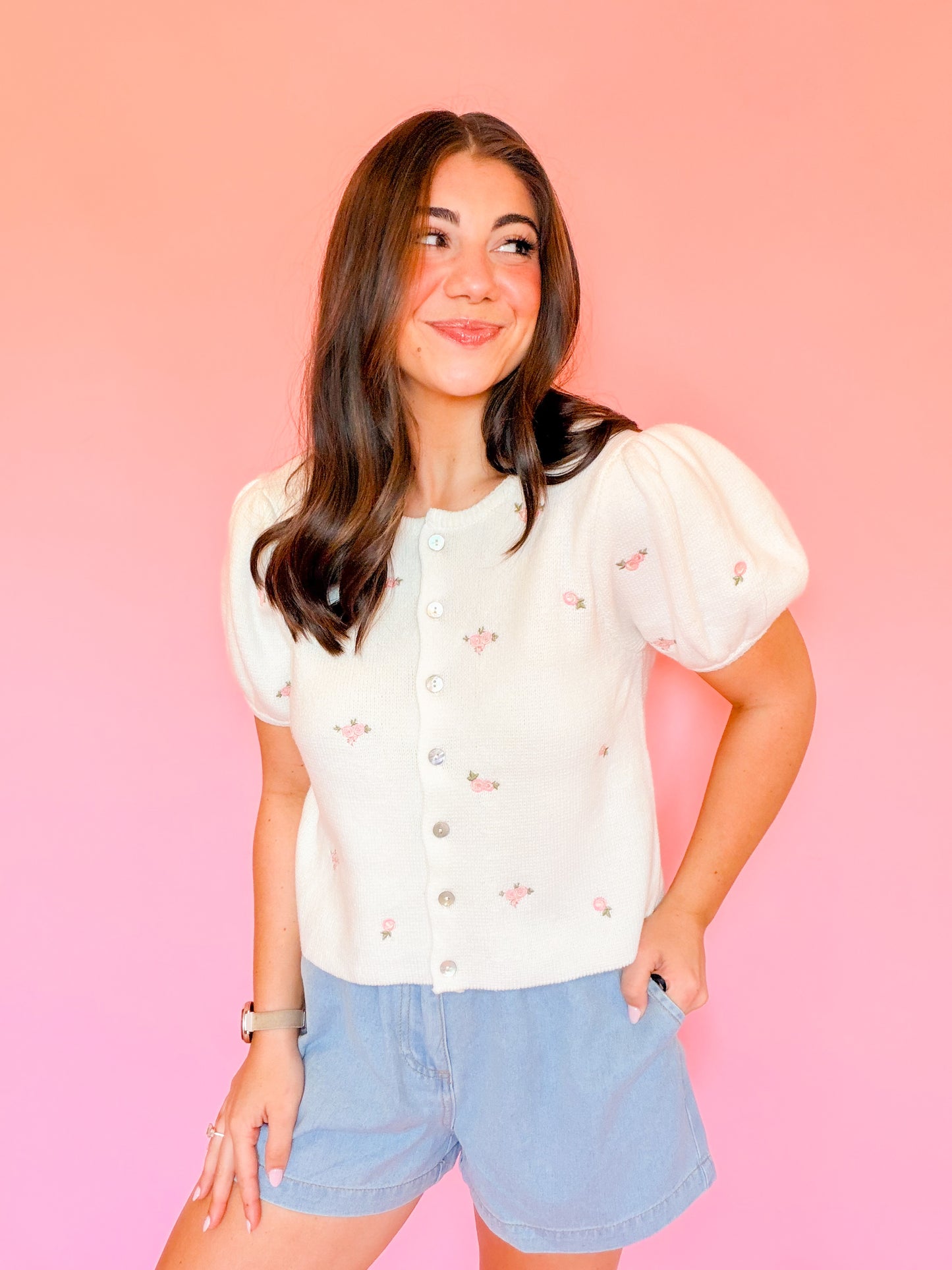 FLORAL EMBROIDERY PUFF SLV KNIT TOP - CREAM