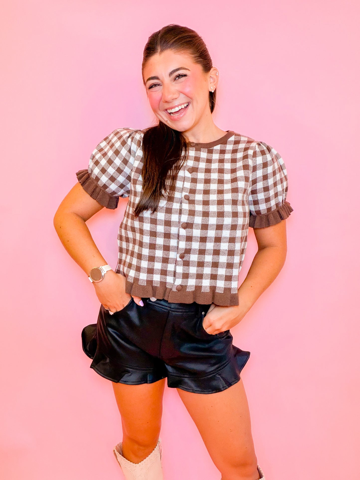 KNIT RUFFLED GINGHAM CARDIGAN TOP