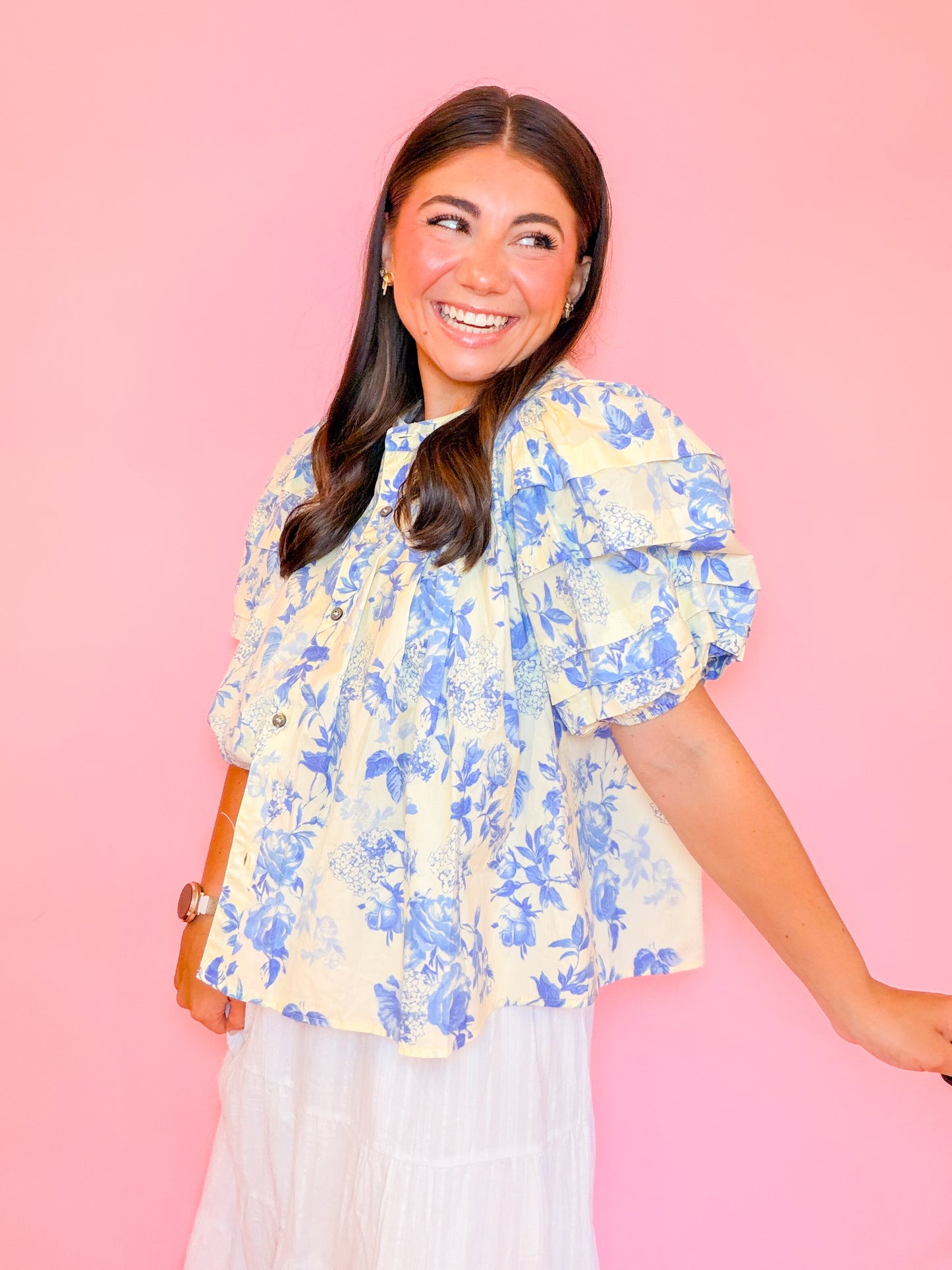 PUFF SLV BUTTON DOWN TOP - BUTTER/BLUE