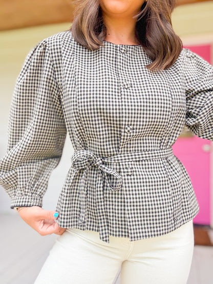 PUFF SLEEVE WRAP TIE PLAID TOP