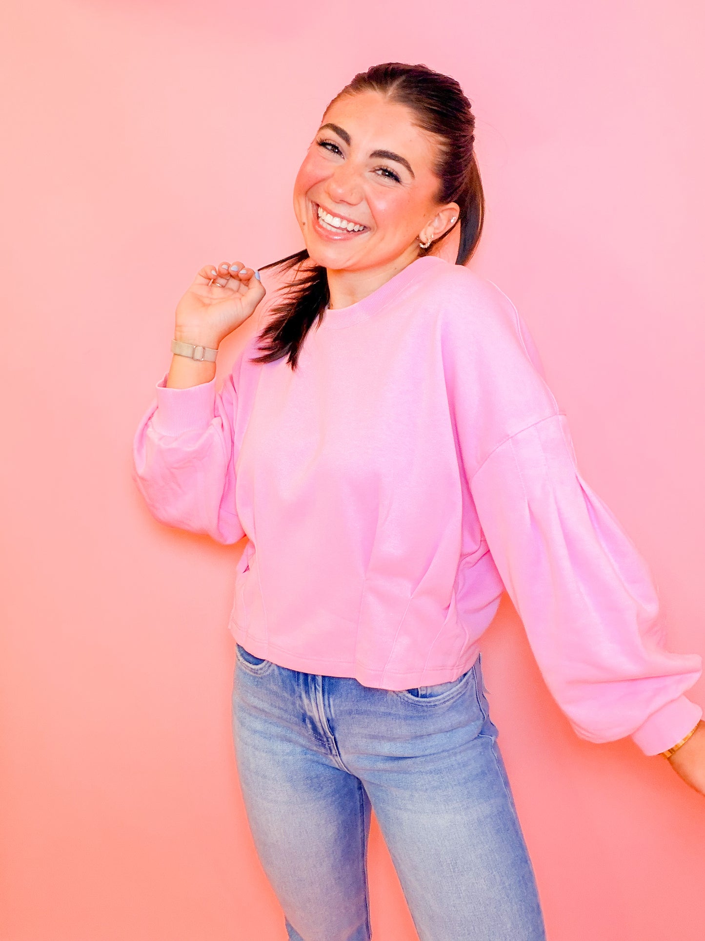 PUFF SLEEVE PLEATED TOP - BUBBLE GUM